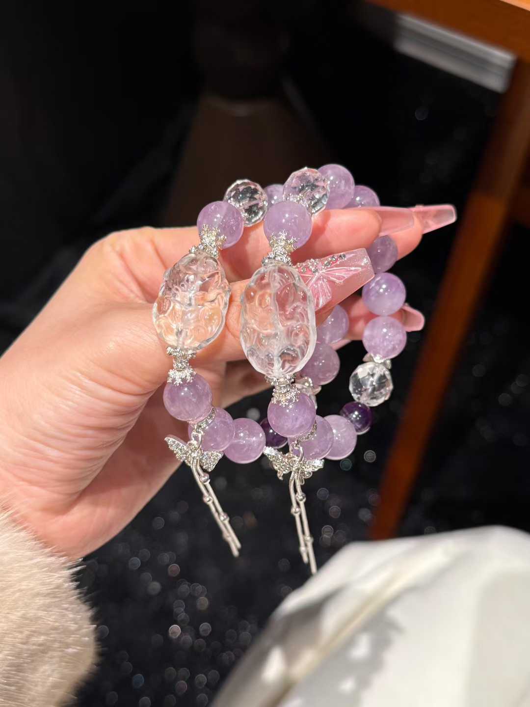 Amethyst & Clear Quartz Bracelet with Crystal Charm
