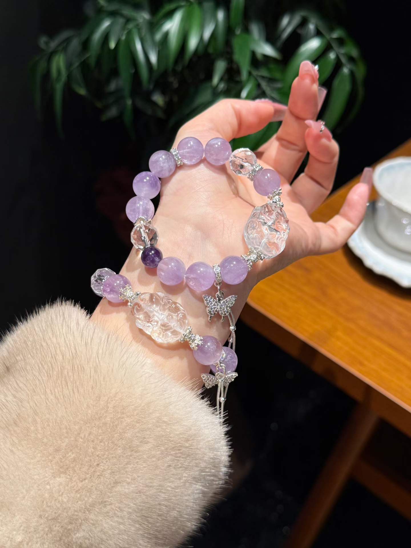 Amethyst & Clear Quartz Bracelet with Crystal Charm