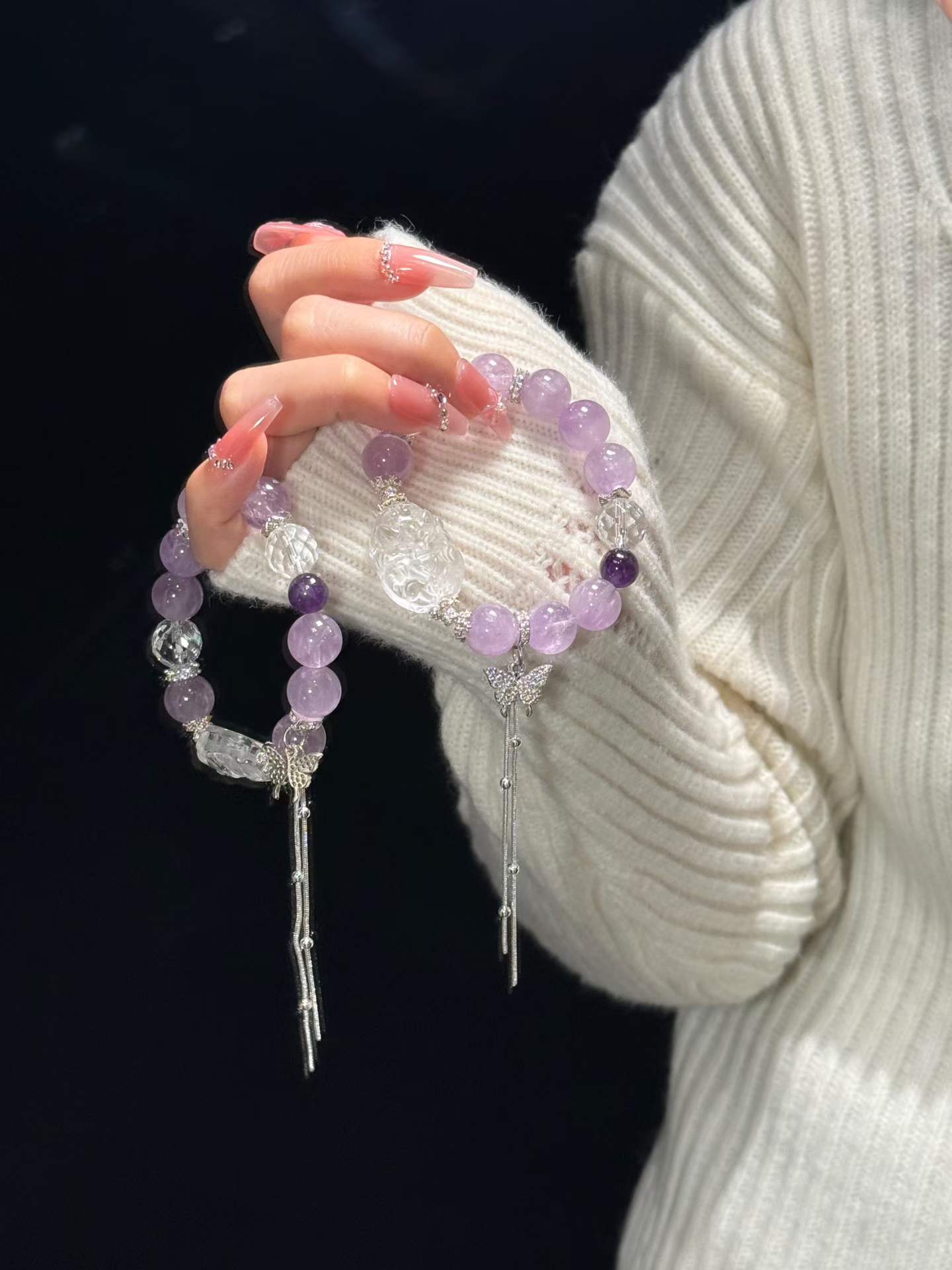 Amethyst & Clear Quartz Bracelet with Crystal Charm